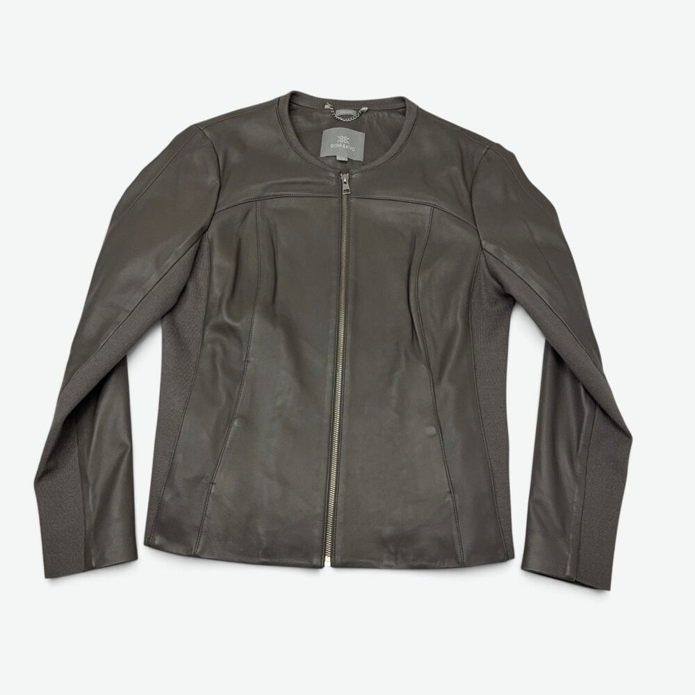Soia Kyo Sianne Leather Moto Jacket Womens L Collarless Dark Taupe Knit Panels